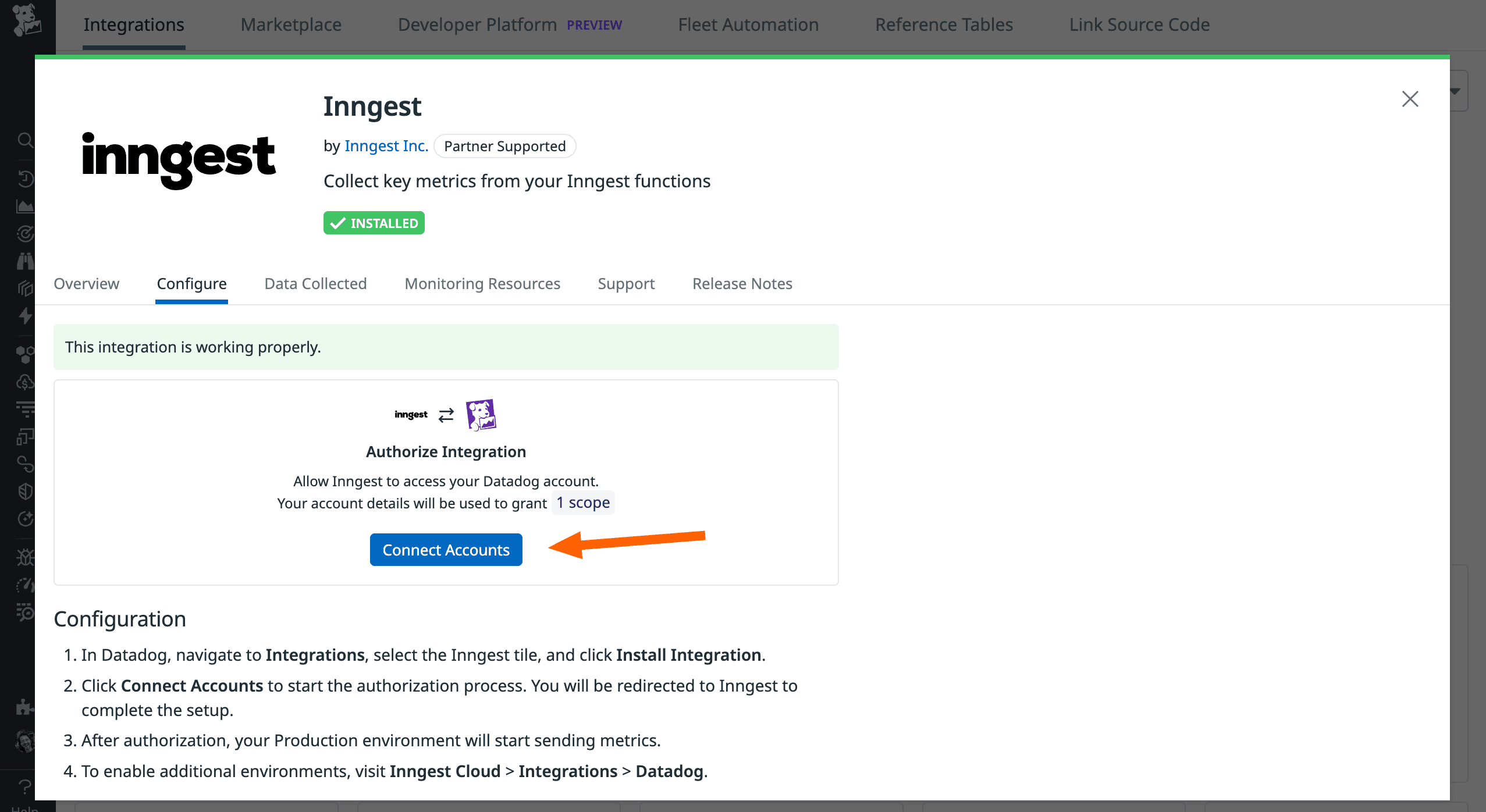 The Datadog integration's connect accounts page